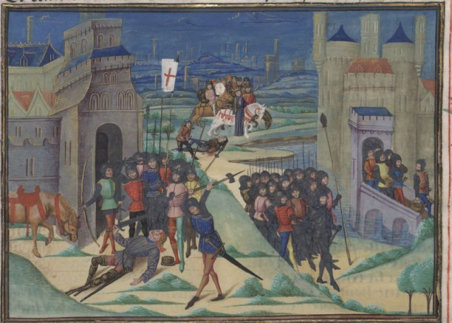 Miniature from Jean de Wavrin, Recueil des Croniques et Anchiennes Istories de la Grant Bretaigne, à present nommé Engleterre, showing, right, rebels entering London in 1381; left, the slaying of Sir Robert Salle by rebels at Norwich; and centre background, the killing of Wat Tyler before the King at Smithfield. The carrying of banners with St George's cross was a distinctive action of the 1381 rebels from Bridgwater to Derbyshire. This manuscript was made at Bruges between 1471 and 1490.
Bibliothèque Nationale de France, MS français 78, f. 96r. Public domain image from https://gallica.bnf.fr/ark:/12148/btv1b6000255b.image