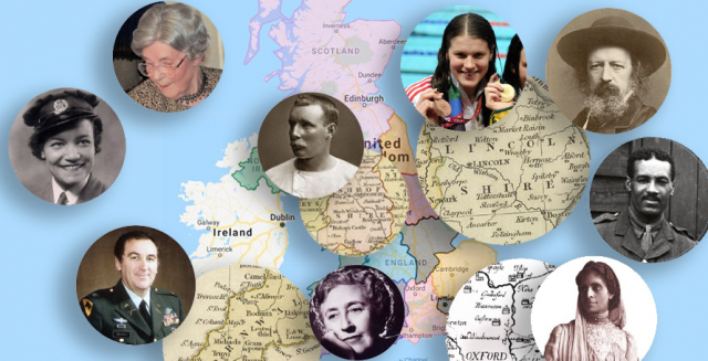 Map of the UK showing some significant historical people