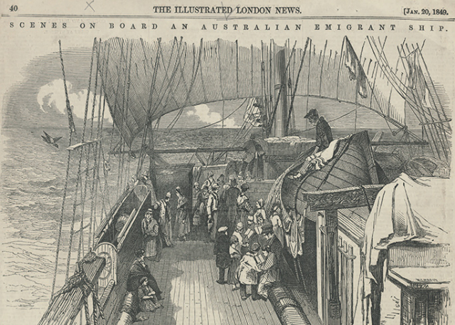 ‘Emigrants on deck’, The Illustrated London News, 20 January 1849, p40 - National Library of Australia