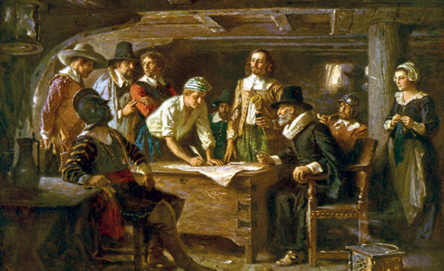 Signing the Mayflower Compact 1620, a painting by Jean Leon Gerome Ferris c. 1899. Library of Congress's Prints and Photographs division