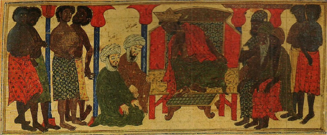 Manuscript illustration by Rashi ad-Din's "World History" (1314), depicting the Negus of Abyssinia (traditionally attributed to the king of Aksum) declining the request of a Meccan delegation demanding from him to yield up the Muslims.