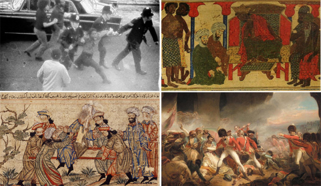 Althea Jones-Lecointe being arrested on 9 August 1970 (The National Archives, Cat ref MEPO31-21 (1a)); Manuscript illustration by Rashi ad-Din's "World History" (1314); Order of Assassins agent stabs Seljuk vizier, 1092 (Topkapi Palace Museum, Cami Al Tebari TSMK, Inv. No. H. 1653, folio 360b); 'The Last Effort and Fall of Tipu Sultan' by Henry Singleton, c.1800