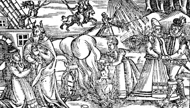 According to the historian Emma Wilby several aspects of witchcraft included in Gowdie's confessions are seen in Peter Binsfeld's 1592 drawing. Public Domain.