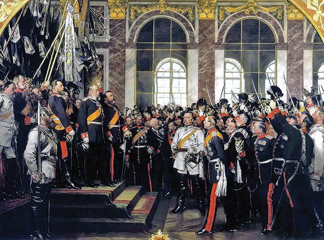 Bismarck reads the proclamation of the German Empire in the Hall of Mirrors at the Palace of Versailles, 18 January 1871