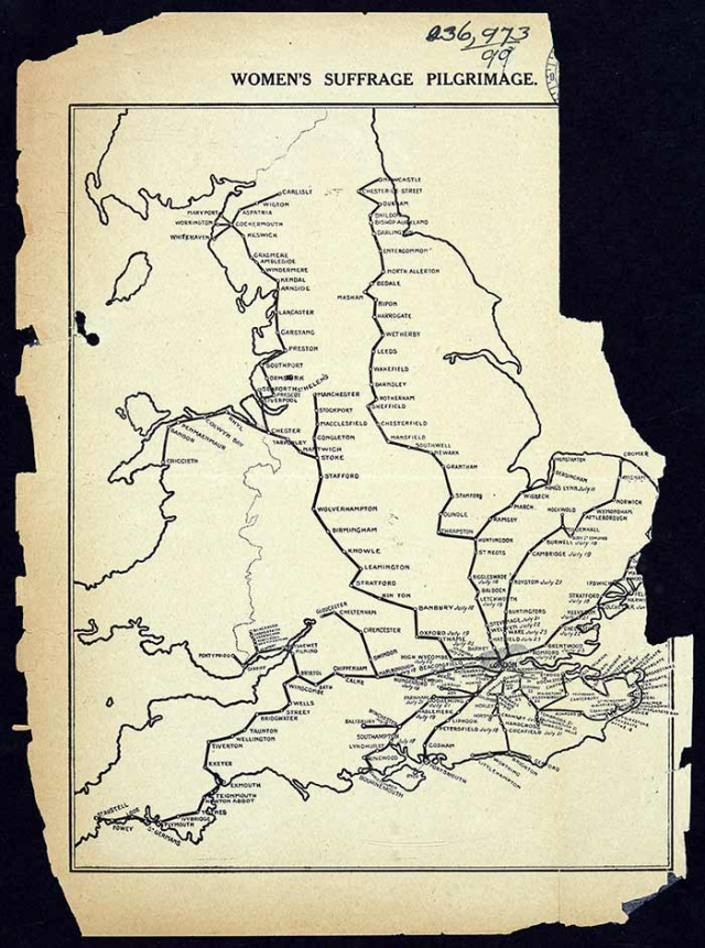 Women’s Suffrage Pilgrimage map from ‘The Common Cause’ which shows the extent of the national suffrage campaigns, June to July 1913. Reference: The National Archives, HO45/10695/231366.