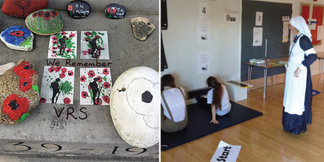 (Left) school visit to local war memorial; (right) supporting focus on role of women in WW1