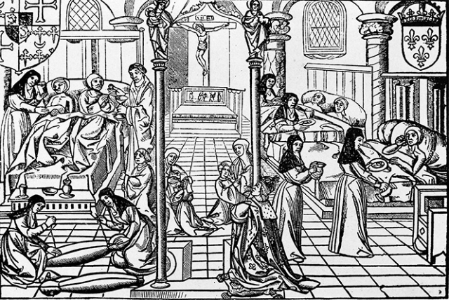 The Hotel Dieu, medieval hospital ward with religious nursing orders, France,16th century. Wellcome Collection. Attribution 4.0 International (CC BY 4.0)