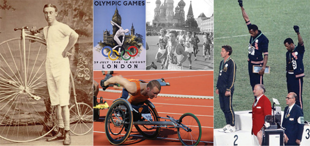 Sporting history collage: T. Sabin, 1878 Wenlock Olympics winner; 1948 London Olympics; 1980 Moscow Olympics; Black power salute at 1968 Mexico Olympics; Paralympics
