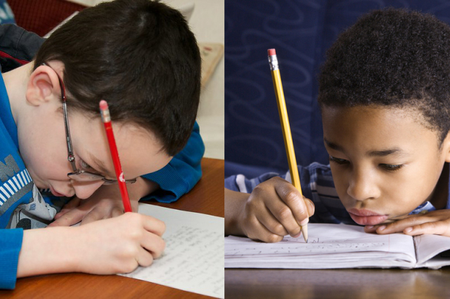 Two boys writing. Left image by Rob Allen/Akrabat (Flickr, CC BY-NC-SA 2.0)