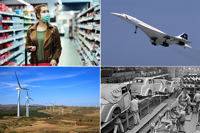Shopper wearing Covid mask (Shutterstock 1685691631); Concorde; Wind turbines (Shutterstock 1748240228); Car factory assembly line (Shutterstock 696639136)