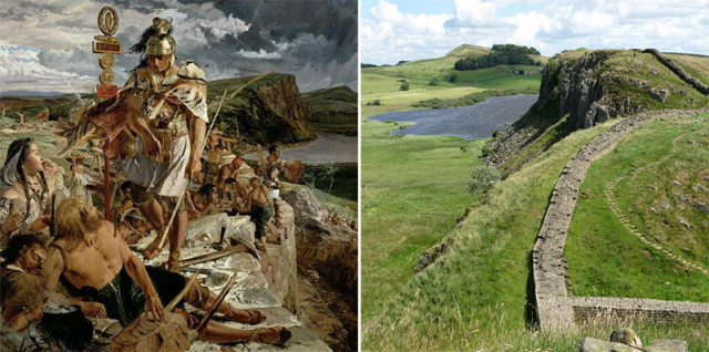 'The Romans Cause a Wall to be Built for the Protection of the South', William Bell Scott; Hadrian's Wall and Highshield Crags, G Laird, CC BY-SA 2.0 (Wikimedia Commons)