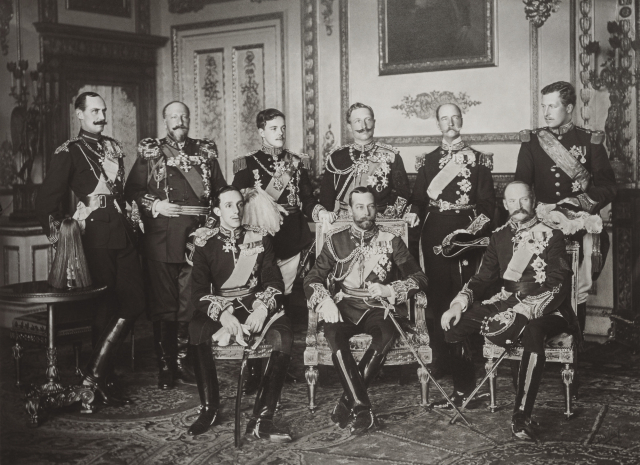 The Nine Sovereigns at Windsor for the funeral of King Edward VII, photographed on 20 May 1910. Standing, from left to right: King Haakon VII of Norway, Tsar Ferdinand of the Bulgarians, King Manuel II of Portugal and the Algarve, Kaiser Wilhelm II of Germany and Prussia, kings George I of the Hellenes and Albert I of the Belgians. Seated, from left to right: kings Alfonso XIII of Spain, George V of the United Kingdom and Frederick VIII of Denmark