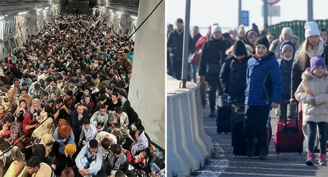(Left) US Air Force Boeing C-17 carrying 823 Afghan citizens out of Kabul, August 2021; (right) Ukrainian refugees crossing into Poland, March 2022