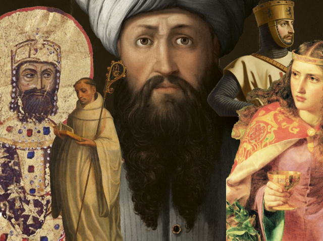 Crusades Main Image: Alexios I Komnenos, Bernard of Clairvaux, Saladin, Robert II, Count of Flanders and Eleanor of Aquitaine.
