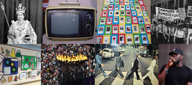 Top row: Queen Elizabeth II wearing coronation robes; Early portable TV (by Hana Kirana, Wikimedia Commons); Platinum Jubilee display at Our Lady Catholic Primary, Warrington; Gay Pride march, London, 1974 (LSE Library). Second row: Platinum Jubilee display at Rainham Village School, Wavering; 2012 London Olympics cauldron (cdephotos, Wikimedia Commons); Beatles' Abbey Road album cover (from The Beatles Story, Ank Kumar, Wikimedia Commons); Stormzy (by Frank Schwichtenberg, Wikimedia Commons)