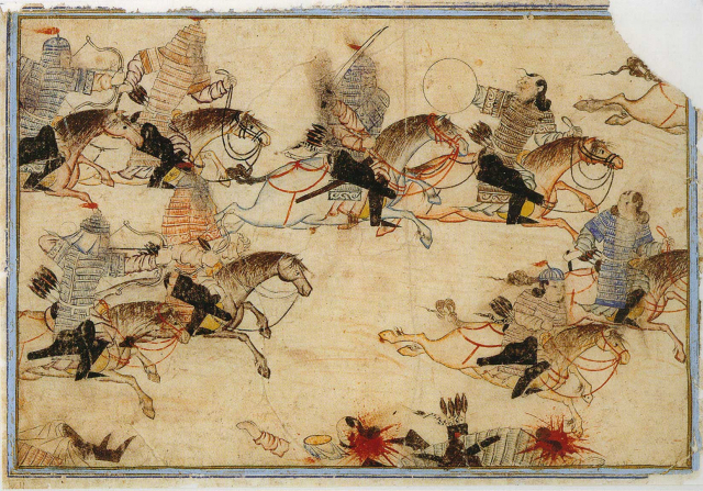Mounted warriors pursue enemies. Illustration of Rashid-ad-Din's Gami' at-tawarih. Tabriz (?), 1st quarter of 14th century. Water colours on paper. Public Domain.