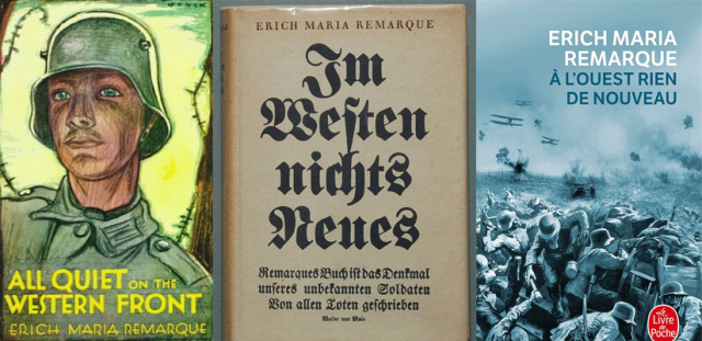 'All Quiet on the Western Front' - English, German and French covers of early editions (Wikimedia Commons)