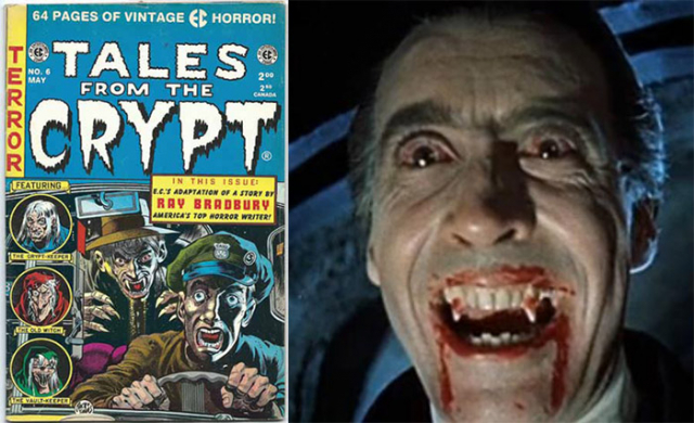 'Tales from the Crypt' horror comic cover; screenshot from the trailer for Hammer Horror's 'Dracula' (1958) (Wikimedia Commons)
