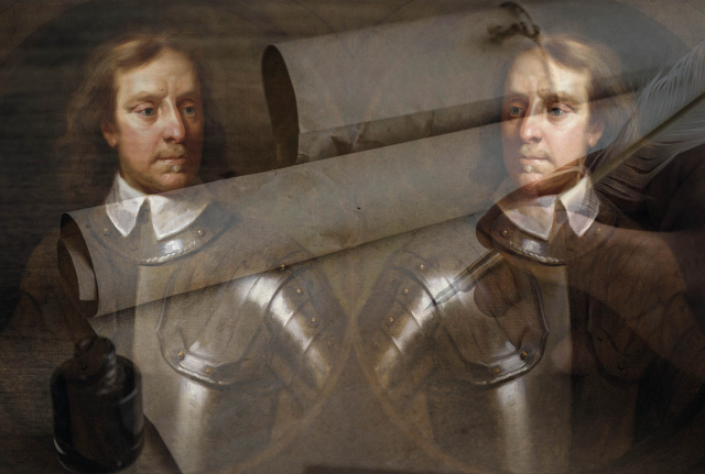 Cromwell letter writing image. Shutterstock image_697987804. Oliver Cromwell by Samuel Cooper Public Domain.
