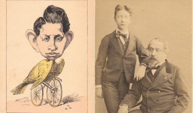 Left: hostile caricature of the Prince Imperial by Paul Hadol, 1870; Right: The Prince Imperial with Napoleon III, 1871