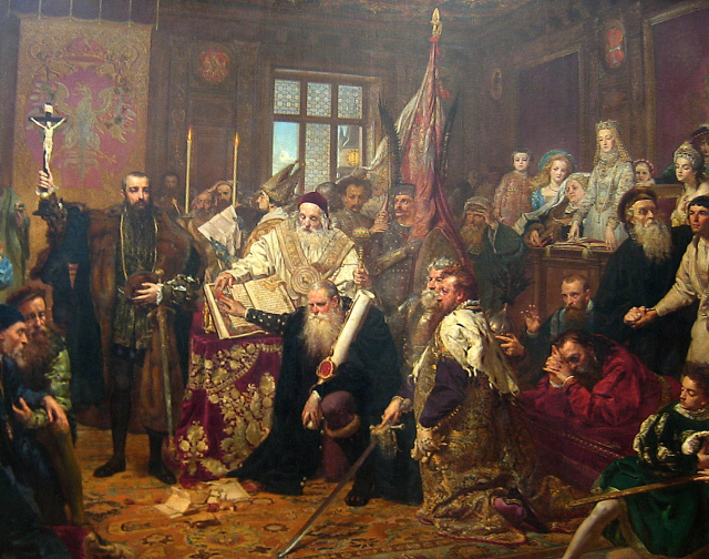 The Union of Lublin, a painting by Jan Matejko. King Sigismund II Augustus holds the cross at the centre while surrounded by statesmen, diplomats, the clergy and nobles. Public Domain.