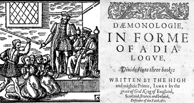 Witches being beaten before James VI and I, from his 'Daemonologie' (1597); title page of 'Daemonologie'