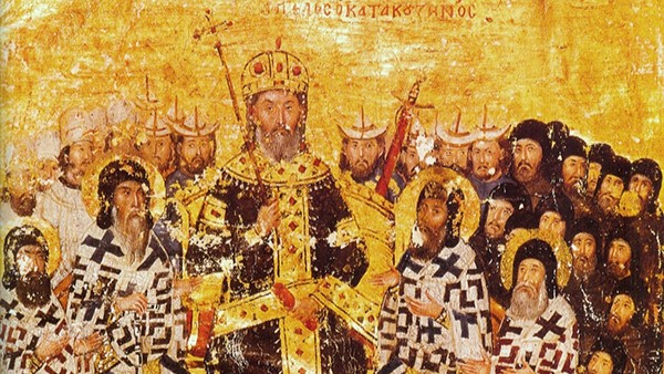 John VI Kantakouzenos presiding over the church council of 1351, flanked by bishops, clergy and laymen (Parisinus graecus 1242, f. 5v) – Wikimedia Commons