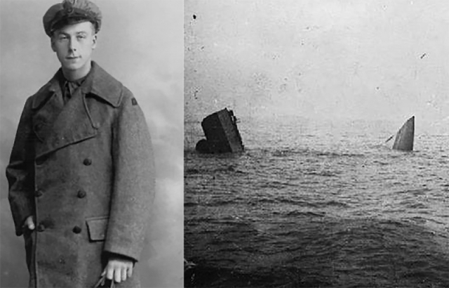 Henry Allingham in Royal Naval Air Service uniform, 1916; The bow and stern of HMS Invincible after the ship had been sunk during the Battle of Jutland
