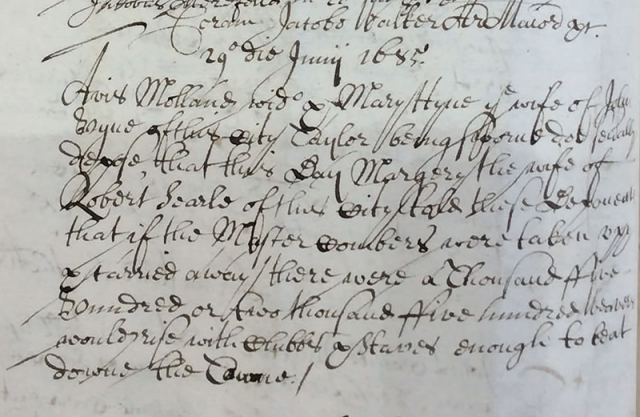 Extract from the Exeter sessions order book, June 1685, recording the testimony of Avis Molland and Mary Hyne © Exeter City Council