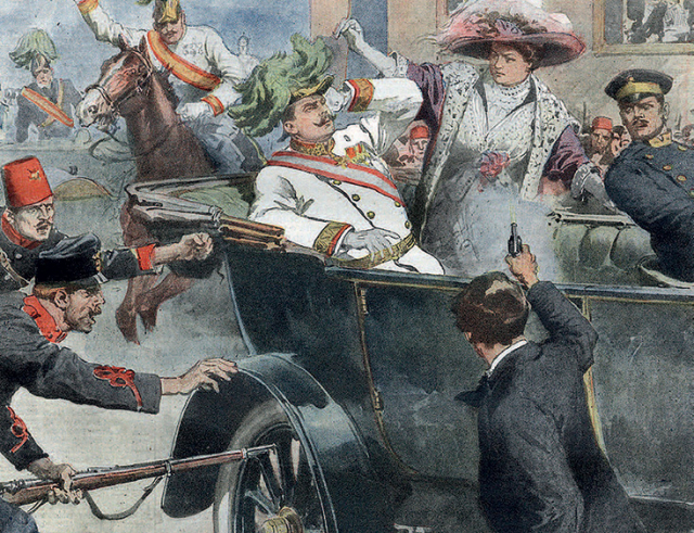 The assassination of Archduke Franz Ferdinand illustrated in the Italian newspaper La Domenica del Corriere, 12 July 1914, by Achille Beltrame