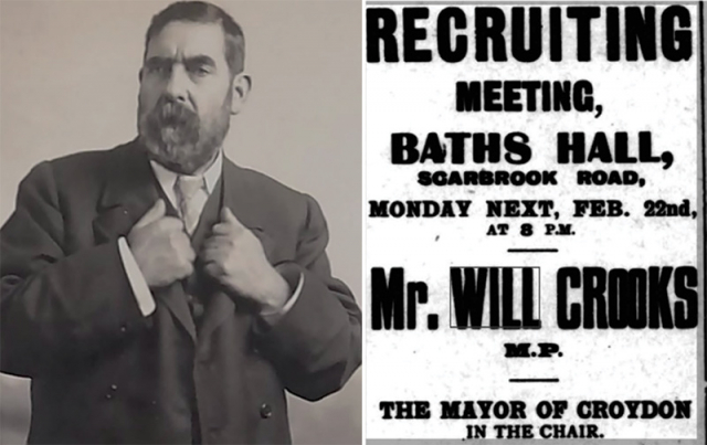 Will Crooks, December 1910. National Archives, COPY 1/552/40; Recruiting meeting poster, 'Croydon Times', 20 February 1915.
