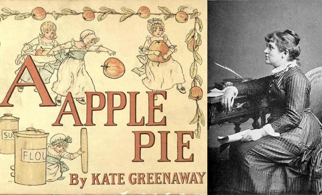 Title page of Kate Greenaway's "A Apple Pie", 1886; Photograph of Kate Greenaway, 1880, by Elliott & Fry. (Both public domain via Wikimedia Commons)