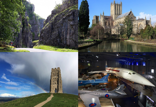 Cheddar Gorge (Steve Daniels, CC BY-SA 2.0); Wells Cathedral from the Bishop's Palace (Rodw, CC BY-SA 3.0, cropped); Fleet Air Arm Museum (Ian Kirk, CC BY-SA 2.0); Glastonbury Tor (MundoSalvajeMedia, CC BY-SA 4.0)