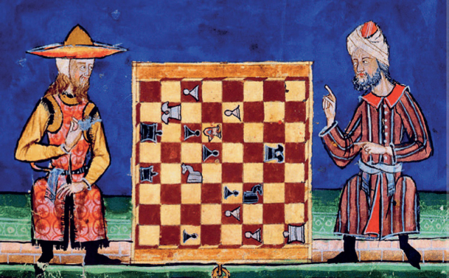 Medieval illustration of a chess game