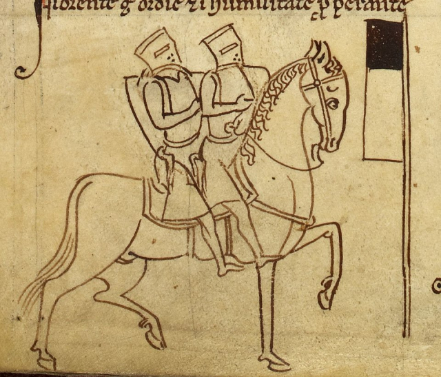 Drawing of two knights on a horse, the emblem of the Knights Templar, from the Historia Anglorum of Matthew Paris. Public Domain. Wikimedia.