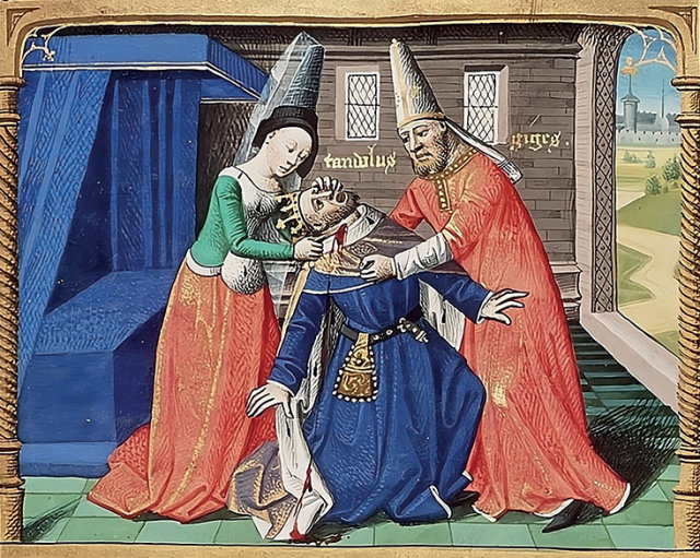 Bodyguard and Queen kill King of Lydia. Illuminated manuscript of Cité de Dieu by Maître François, c.1475