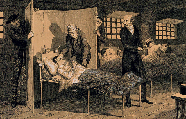 A prisoner lies dying in his bed, his life ruined by early frivolity. In The drunkard’s children. A sequel to The bottle. Etching by George Cruikshank, 1848.