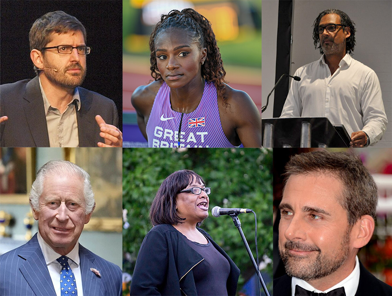 Top row: Louis Theroux, 2009 (Photo: Gaute Singstad, CC BY-SA 2.0); Dina Asher-Smith, 2022 (Erik van Leeuwen, GNU Free Documentation License); David Olusoga, 2022 (&copy; Historical Association 2022). Bottom row: King Charles III, 2023 (White House, Public Domain); Diane Abbott, 2016 (PaulNUK, CC BY 2.0); Steve Carell, 2014 (Georges Biard, CC BY-SA 3.0)